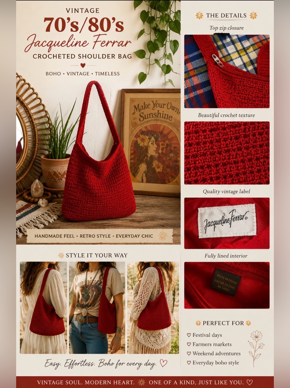 *Vintage 70s 80s -Jacqueline Ferrar - Red Crochet Shoulder Bag EUC